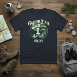 Garden State Hiking t-shirt design featuring a circular graphic of a hiker near a waterfall and mountains