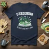 Gardening Because Adulting Is Hard quote on a navy t-shirt with a graphic of an open book with plants growing