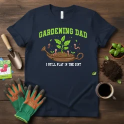 Gardening Dad I Still Play In The Dirt t-shirt with cartoon worms and plant in a watering can