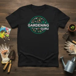 Gardening Guru T-Shirt with circular floral and plant design. Features text "Gardening Guru" in white