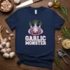 Garlic Monster t-shirt with a spooky purple garlic graphic and bold white text