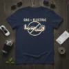 GAS > ELECTRIC t-shirt design featuring a gas car and an electric car with a prohibition symbol, navy blue shirt