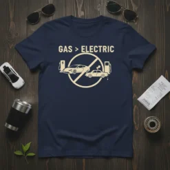 GAS > ELECTRIC t-shirt design featuring a gas car and an electric car with a prohibition symbol, navy blue shirt