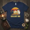 Gaslight Inn t-shirt design with sheep, chicken, and goat drinking beer at a bar, retro sunset background