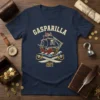 Gasparilla 2025 Tampa FL t-shirt with a pirate ship, skull and crossbones, and crossed swords design