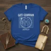Gate Guardian Jerald t-shirt design featuring a hooded fantasy character holding a staff, with "GATE GUARDIAN JERALD" text above