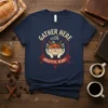 Gather Here with Greatful Heart Thanksgiving T-Shirt featuring autumn harvest bowl and festive text