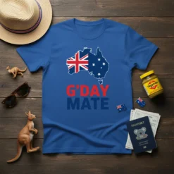 Blue t-shirt with "G'DAY MATE" text and an outline map of Australia featuring the Union Jack flag and Southern Cross