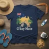 G'day Mate t-shirt design with Australian map, flag, kangaroo, koala, and palm trees