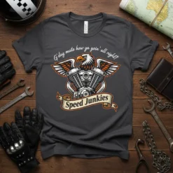 Eagle and motorcycle engine graphic with "G'day mate how ya goin' 'all right? Speed Junkies" text on a charcoal t-shirt