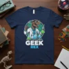 GEEK REX t-shirt with a T-Rex wearing glasses and a lab coat, holding beakers in a science lab setting