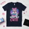 Geeky But Cute sloth wearing glasses and a bow, sitting on books, on a navy t-shirt