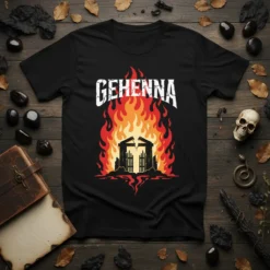 Black t-shirt with white GEHENNA text above a graphic of a fiery gate, symbolizing hellfire and the occult