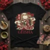 Geisha Cat T-Shirt featuring a Maneki Neko in a red floral kimono holding a gold coin, with Japanese text and