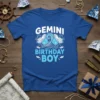 Gemini Birthday Boy zodiac t-shirt design with astrological twins and wave graphics