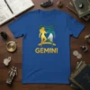 Gemini zodiac symbol t-shirt design with golden twins silhouette and text "GEMINI"