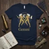 Navy blue t-shirt with "Gemni" text and golden Gemini zodiac symbol featuring two figures and constellations