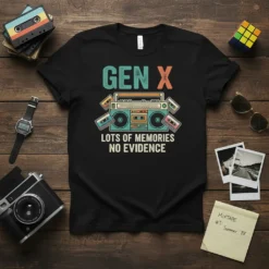 Gen X Lots of Memories No Evidence T-Shirt with retro boombox and cassette tapes graphic