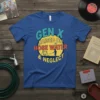 Gen X Raised On Hose Water & Neglect quote on a blue t-shirt with retro graphic elements