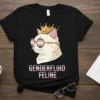 Genderfluid Feline T-Shirt with a white cat wearing sunglasses and a crown, featuring the text "GENDERFLUID FELINE" in gradient colors