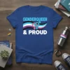 Genderqueer & Proud t-shirt design with pride flag wave and gender symbols in light blue, white, black, and purple