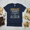 Genealogy It's Like Playing Hide & Seek With Dead People t-shirt design featuring a tree with skeletons and gravestones
