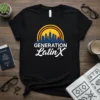 Black t-shirt with "GENERATION Latin X" text and a stylized city skyline under a colorful sunset graphic