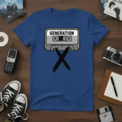 Generation X cassette tape design with bold 'X' graphic on a blue t-shirt, evoking 90s nostalgia