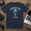 Navy blue t-shirt with "GENEREATION FOCUS" text, eye graphic with lightning bolt, and globe with lightning