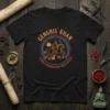 Genghis Khan World Domination Meditation t-shirt featuring a warrior on horseback within a circular graphic, sunset, and stars