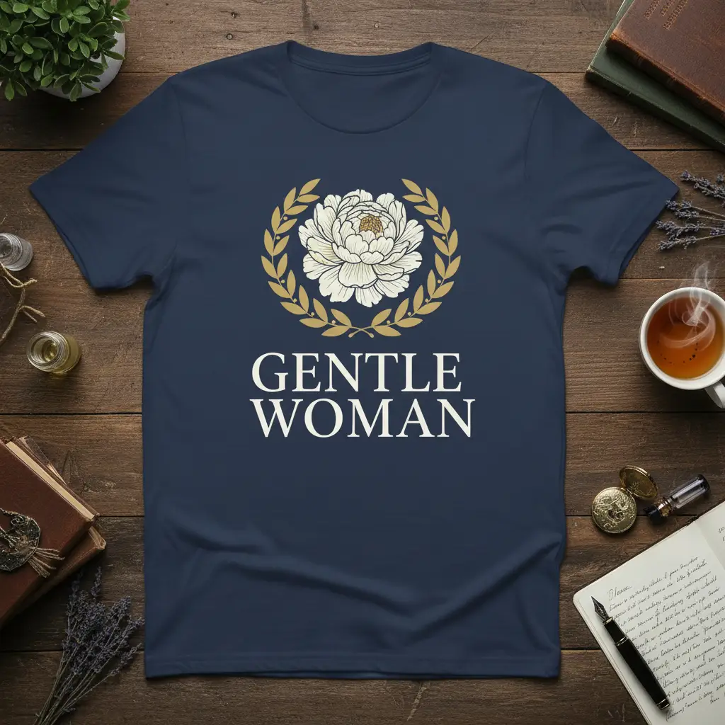 Gentle Woman quote with peony flower and laurel wreath graphic on a navy blue t-shirt