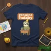 Genuine stupidity quote with a cartoon sloth sitting at a desk with books on a navy blue t-shirt