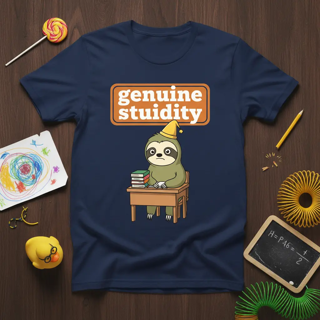 Genuine stupidity quote featuring a cartoon sloth at a desk on a navy t-shirt, perfect for humor lovers
