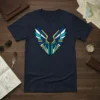 Geometric Wings Design T-Shirt with abstract blue and gold geometric wings graphic