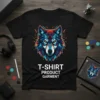 Geometric wolf head graphic t-shirt design with bold blue, red, and orange facets on a black tee