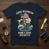 George Washington Riding a Shark Into Battle text on navy t-shirt with illustration of a ship, eagle, and kraken