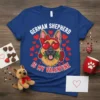 German Shepherd wearing heart sunglasses and holding roses, text "German Shepherd Is My Valentine" on a blue t-shirt