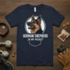 German Shepherd In My Pocket t-shirt design featuring a German Shepherd's head in a pocket graphic and text