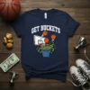 Navy t-shirt with "GET BUCKETS" text and a graphic of basketballs going into a net filled with money
