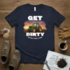 Get Dirty Wagers Family Farm tractor t-shirt design with a green tractor in a sunset field