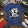 Graphic t-shirt with the text "GET DRESSED FASTER" and a silhouette of a person running around a clock