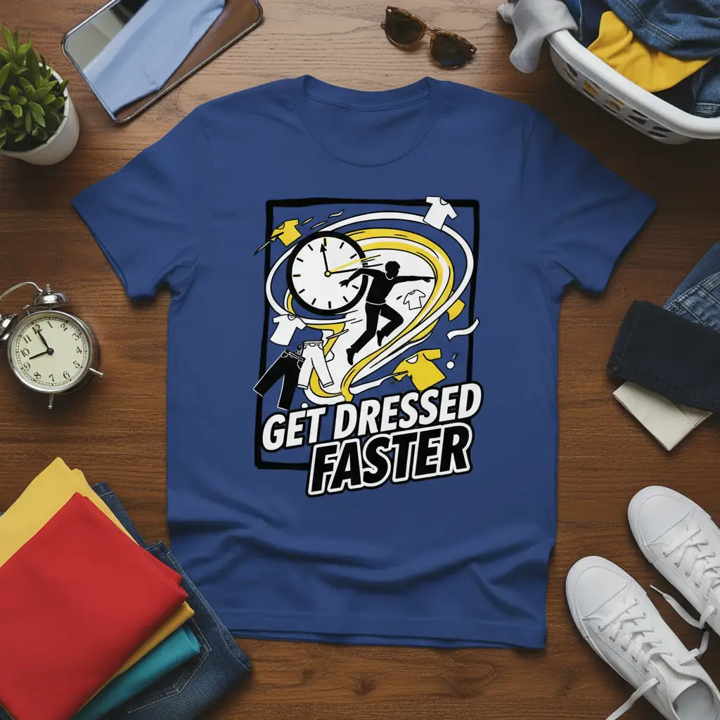 GET DRESSED FASTER text with a clock and dynamic graphic on a t-shirt design