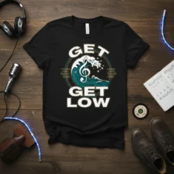 Black t-shirt with "GET GET LOW" text, a wave, and a treble clef graphic, representing music and DJ culture