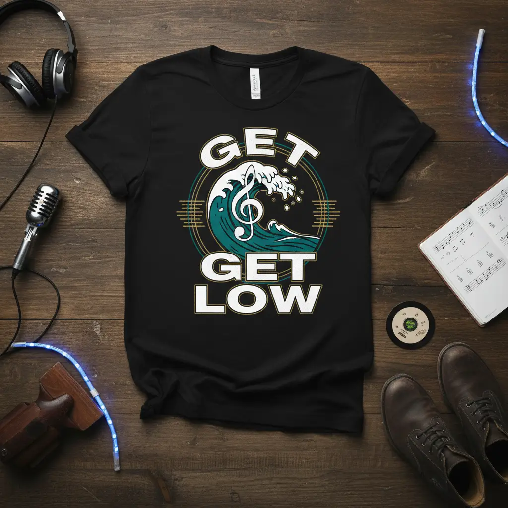 GET GET LOW text with crashing wave and treble clef on a black t-shirt, perfect for music lovers
