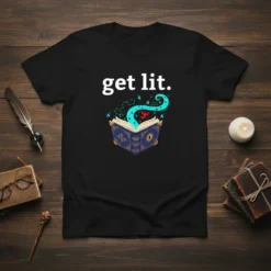 Black t-shirt with white text "get lit." above an open magical book with teal swirling energy and a red bird