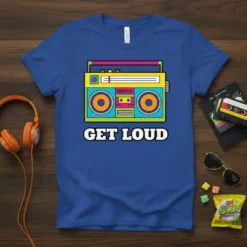 Get Loud t-shirt with colorful retro boombox graphic and bold white text