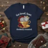 T-shirt design with text "Get loved, loser. Absolutely treasured." featuring a sleeping cat in a teacup surrounded by roses