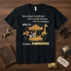 Black t-shirt with the quote "Get Off the CAROUSEL!" above a carousel graphic featuring a lion, giraffe, and person on
