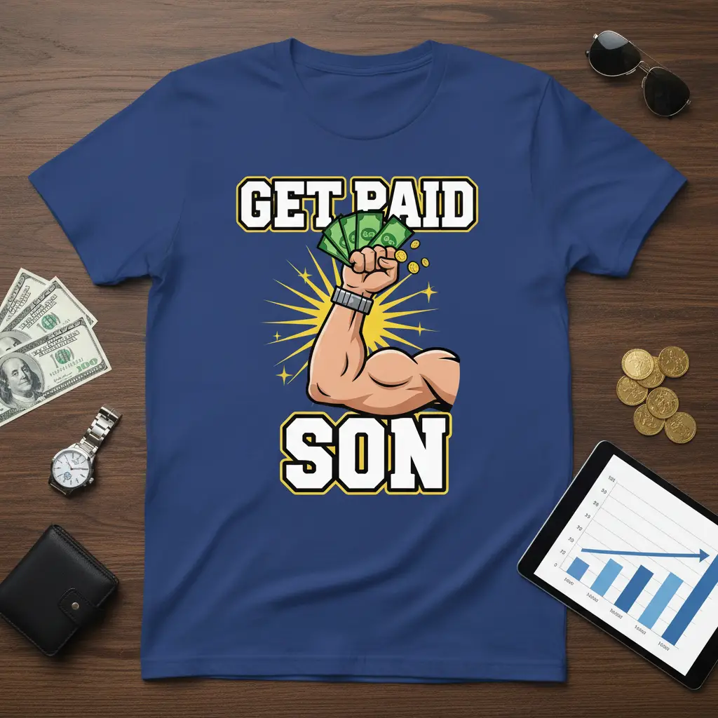 GET PAID SON graphic tee featuring a muscular arm holding money, symbolizing financial ambition and success