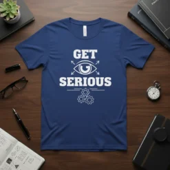 Navy blue t-shirt with white text "GET SERIOUS" and an eye graphic with gears, motivational design